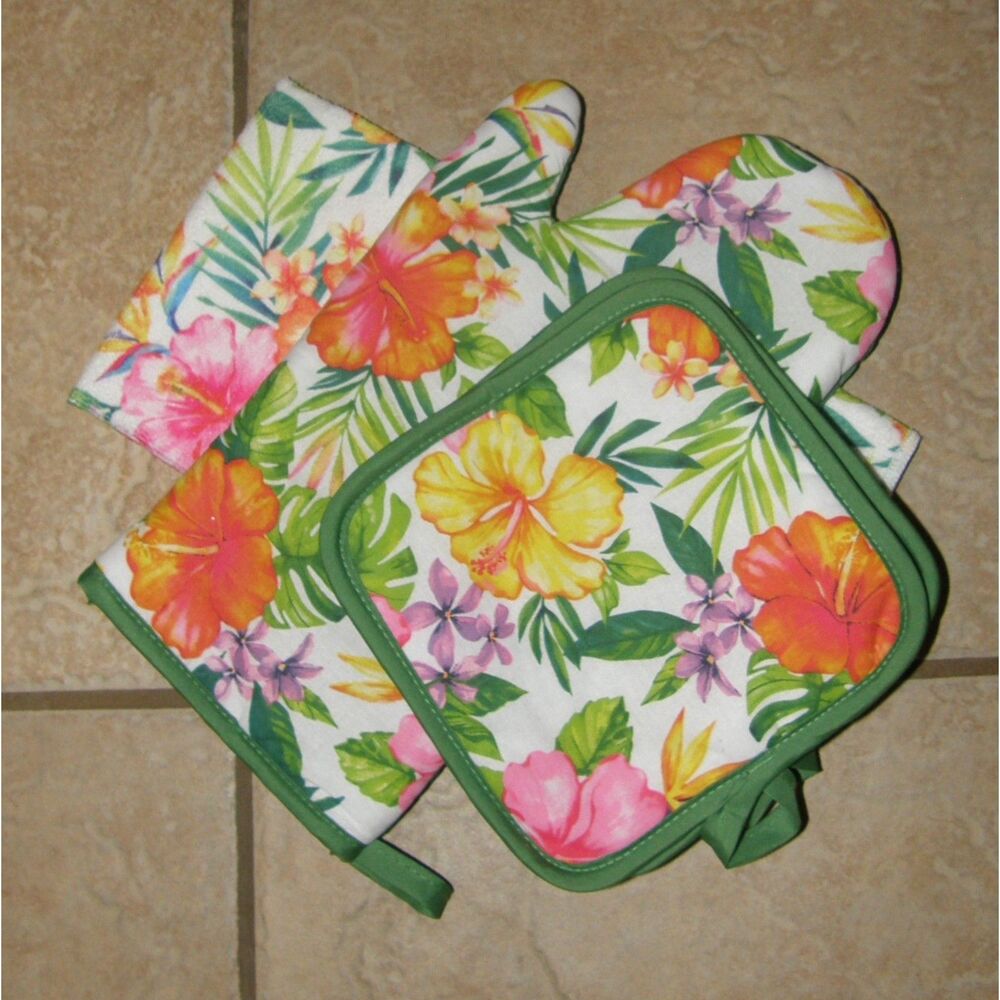 NEW Bright Colorful Floral Pot Holders Oven Mitt and Hand Towel 4 Pc Set